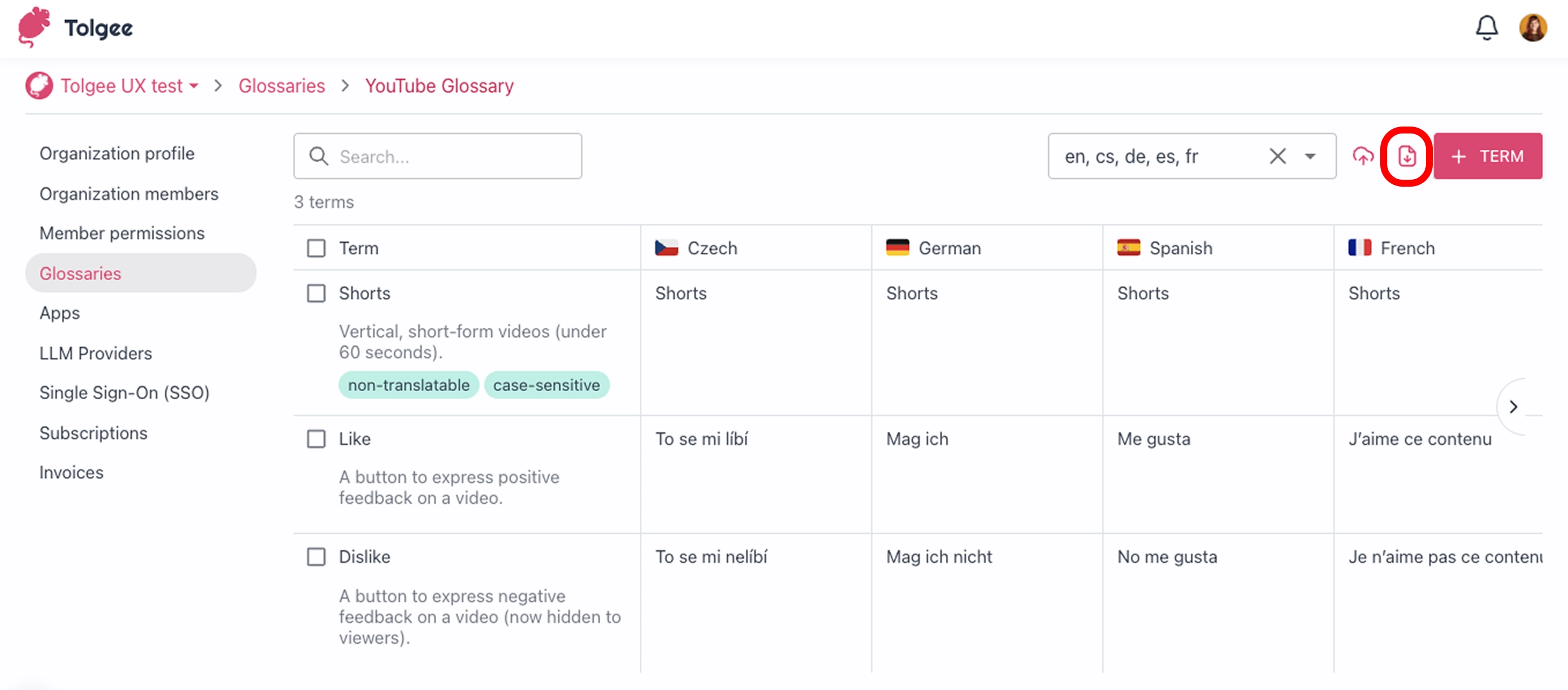 Export a glossary